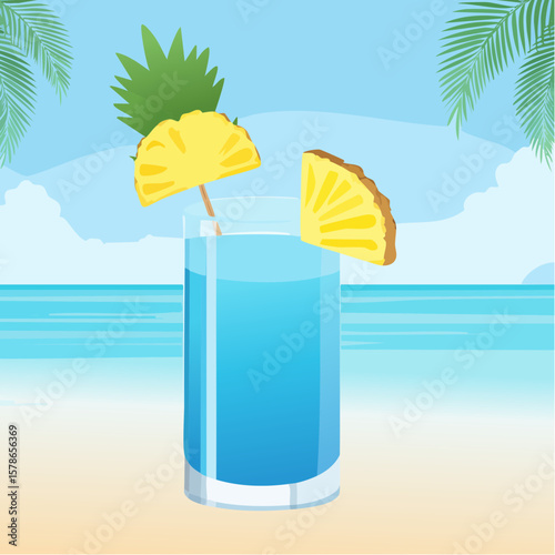 relaxing in blue summer cocktail with pineapple piece on the beach