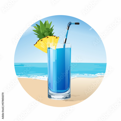 relaxing in blue summer cocktail with pineapple piece on the beach