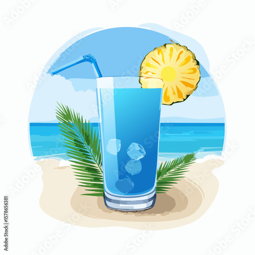 relaxing in blue summer cocktail with pineapple piece on the beach