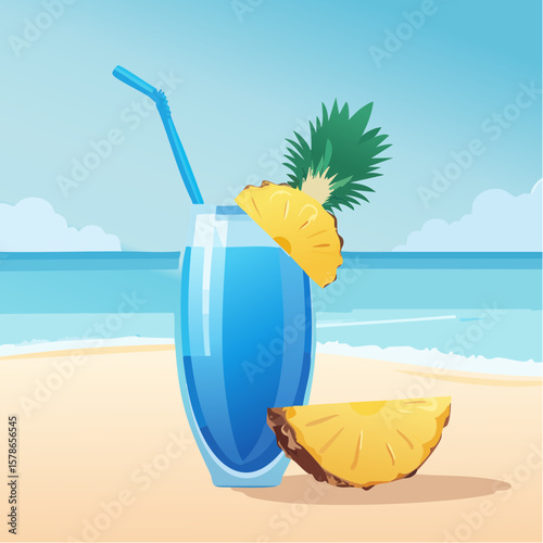 relaxing in blue summer cocktail with pineapple piece on the beach