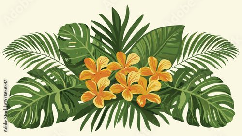 Illustration of tropical foliage with monstera leaves and orange plumeria flowers arranged centrally