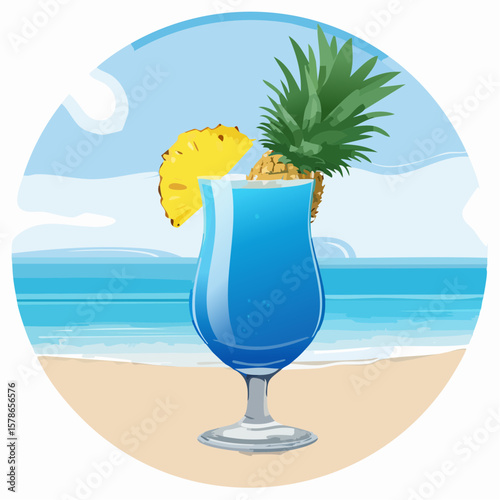 relaxing in blue summer cocktail with pineapple piece on the beach