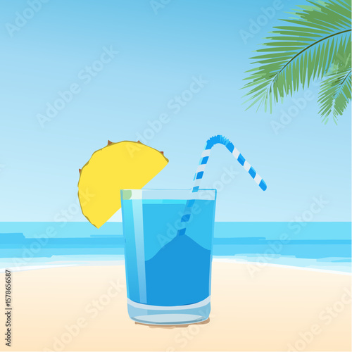 relaxing in blue summer cocktail with pineapple piece on the beach