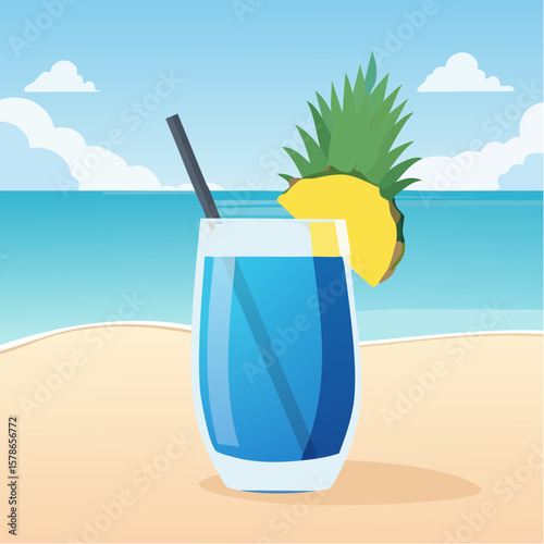relaxing in blue summer cocktail with pineapple piece on the beach
