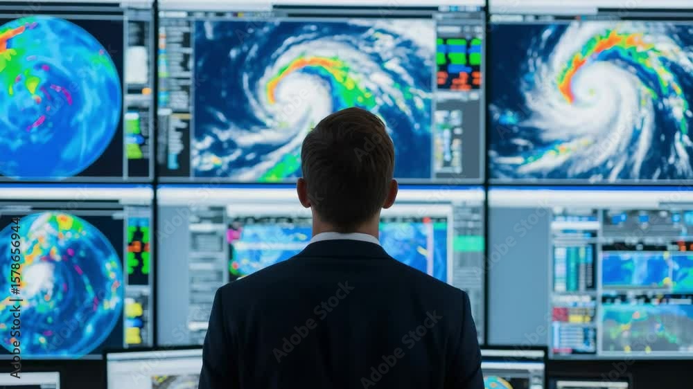 Back View of a Male Meteorologist in a System Control Room. Weather ...