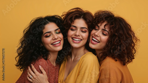 Realistic Joyful Women Diverse Friends Hugging Colorful Makeup Yellow Background