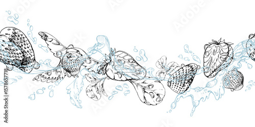 Strawberry flying in water splash with leaves, dew drops, ripe summer garden forest berry strasberry hand drawn in vector ink. Isolated seamless banner. Home preserves, stationery, menu, recipe book