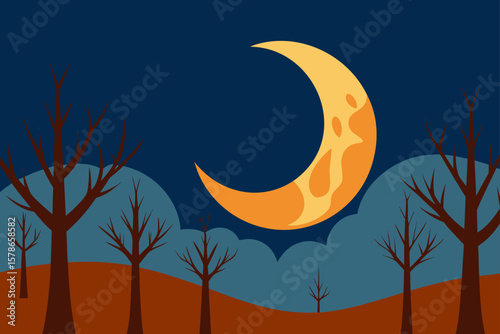 crescent moon above leafless trees in autumn