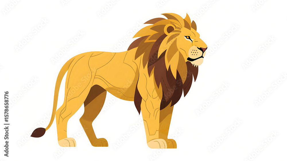 Obraz premium Majestic male African lion standing profile, golden fur and brown mane, wildlife animal illustration, isolated on white background
