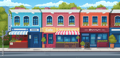 Landscape of empty city street with cafes and shops in summer time with lots of green trees. Vector illustration