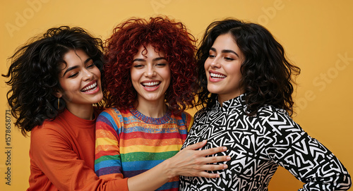 Realistic Joyful Women Diverse Friends Hugging Colorful Makeup Yellow Background