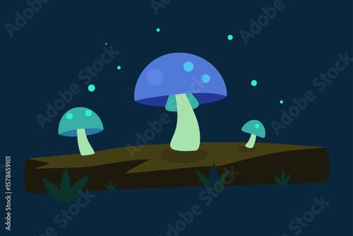 mushrooms on a fallen log in night light