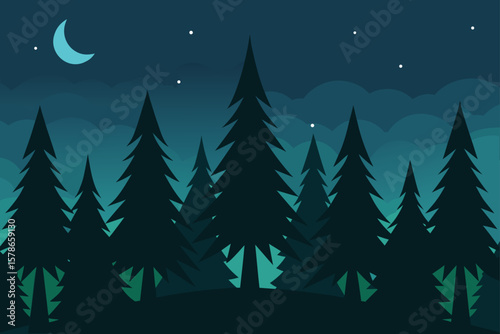 night forest scene with tall  straight pine trun