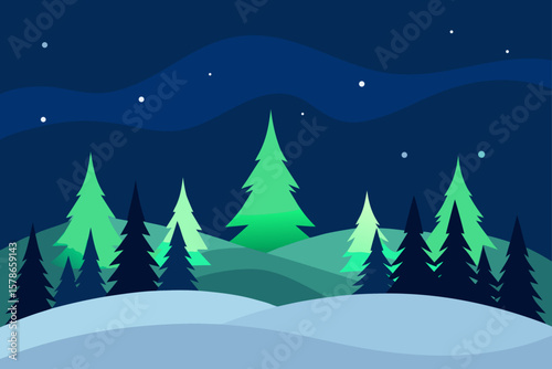 northern lights above a snowy pine forest