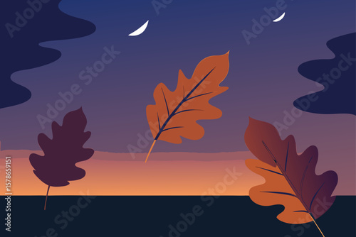 oak leaves drifting down at dusk