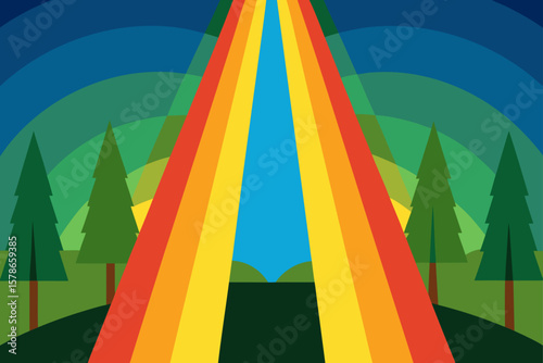 rainbow light beams shining through forest canopy