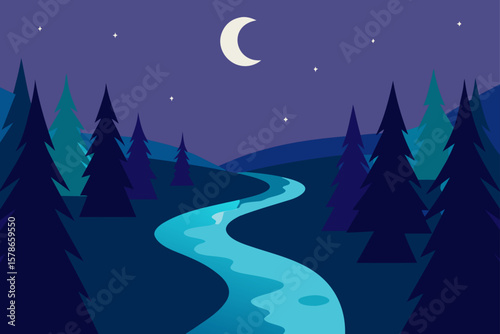 small stream winding through moonlit forest