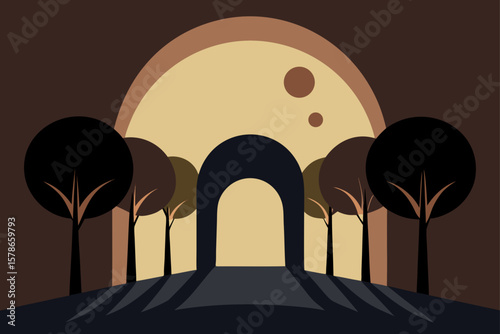 trees shaped like arches forming moonlit tunnel