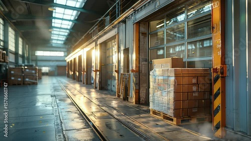 Sunlit Warehouse Loading Dock with Stacked Packages
