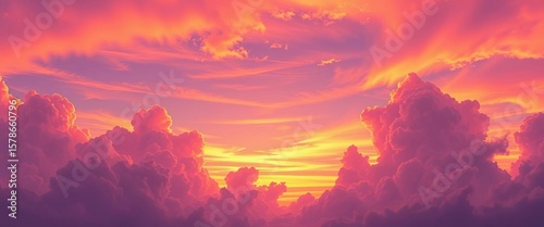 Vibrant orange and purple anime sky, fluffy clouds at sunset, art, landscape