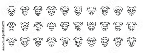 Joker face icon set. Vector pictograms of clown masks, jester heads, creepy smiles, circus characters, comedy villains, outline illustrations.