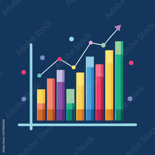 Colorful bar chart illustrating business growth with an upward trend and statistical data display on a navy blue background