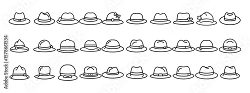 Hat line icon set. Vector pictograms of fedoras, trilbies, bowlers, pork pies, wide brim hats, formal headwear in thin linear illustration.