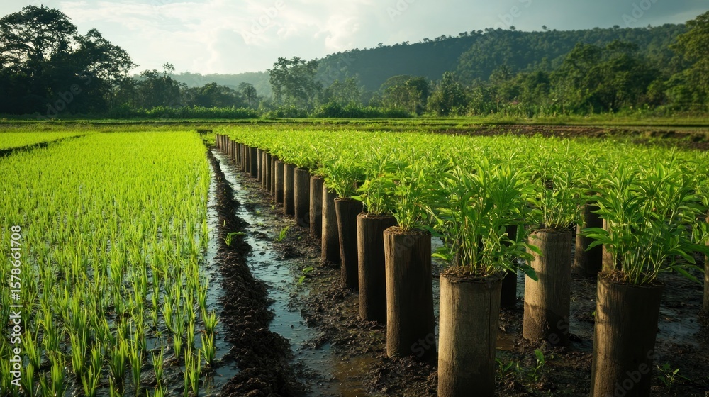 Naklejka premium Lush young rice paddy field with rows of seedlings in containers