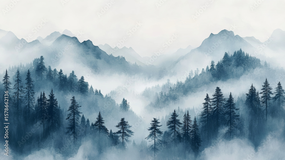 Obraz premium Chinese style natural landscape ink landscape illustration