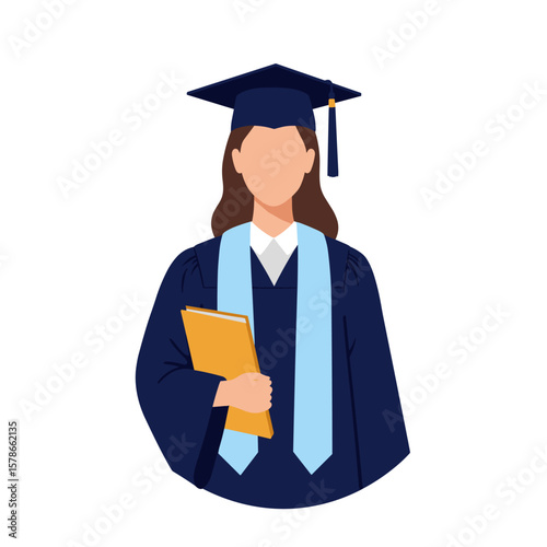 Isolated vector illustration of a young woman in graduation gown and cap, holding a diploma, symbolizing academic achievement and the culmination of studies.