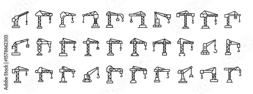 Oil pump jack line icon set. Vector pictograms of drilling rig, oilfield machinery, petroleum extractor, crude oil pump, industrial energy equipment, thin linear illustration.