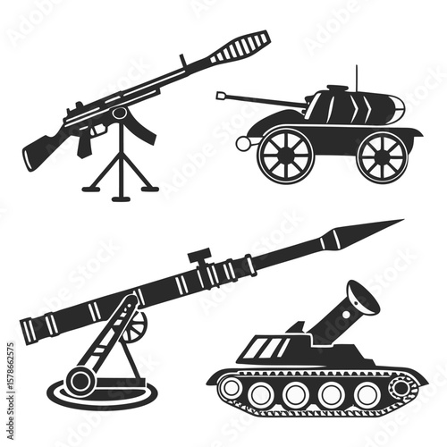  Silhouette Icon Set of Guns, Missiles, and Explosives