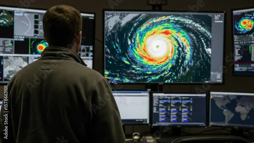 Meteorologist watching a hurricane on a large screen. Man in a weather control room analyzing storm data from satellite imagery.
