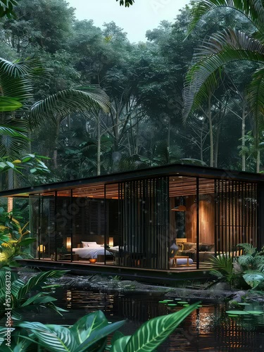 Stylish Jungle Cabin Surrounded by Lush Tropical Foliage