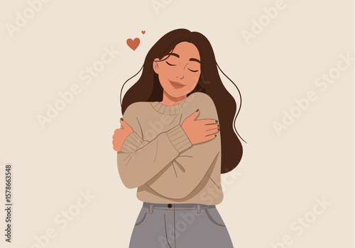 A young woman with long brown hair embraces herself lovingly, eyes closed, expressing self-love and contentment in a minimalist illustration style against a light beige background.
