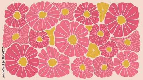 Illustration of a collection of pink flowers with yellow centers on a cream background