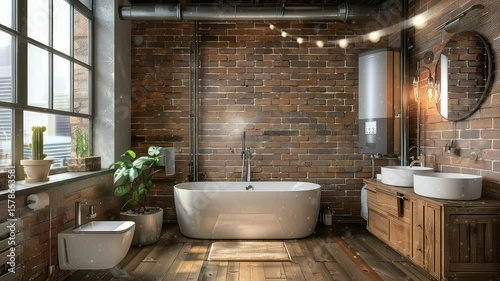 Industrial Modern Bathroom With Exposed Brick Walls