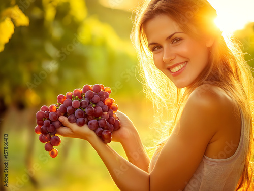 A woman holding a fresh bunch of grapes under the warm sunlight in a vineyard, enjoying the natural beauty and simplicity of organic farming.