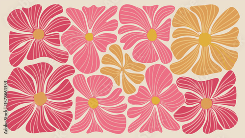 Abstract floral arrangement with pink and orange flowers on a cream colored background pattern design