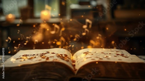 Open book with music notes and sparkles