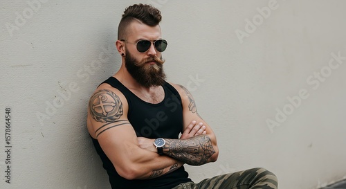 Urban Grit And Grace A Quiet Strength The Bearded Enigma Beneath A Neutral Sky Stoic Resolve Crossed Arms Confidence Ink And Steel Summer's Shadow Intense Gaze Silent Strength Tattooed Resolve