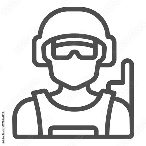 Special operation soldier line icon, police force concept. Vector graphics. Policeman with helmet, sunglasses and radio sign on white background, outline style icon for mobile or web design.