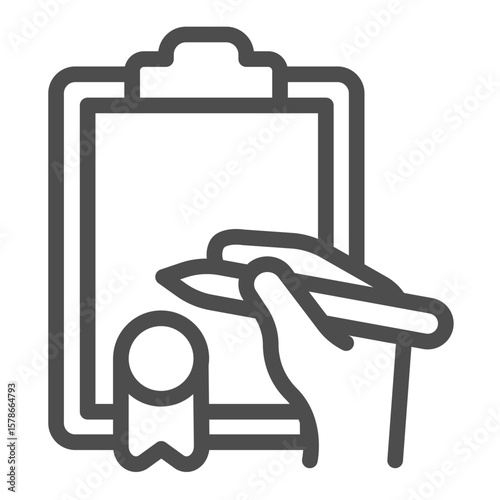 Order paper with stamp and hand line icon, police force concept. Vector graphics. Hand with pen and document, signage sign on white background, outline style icon for mobile or web design.