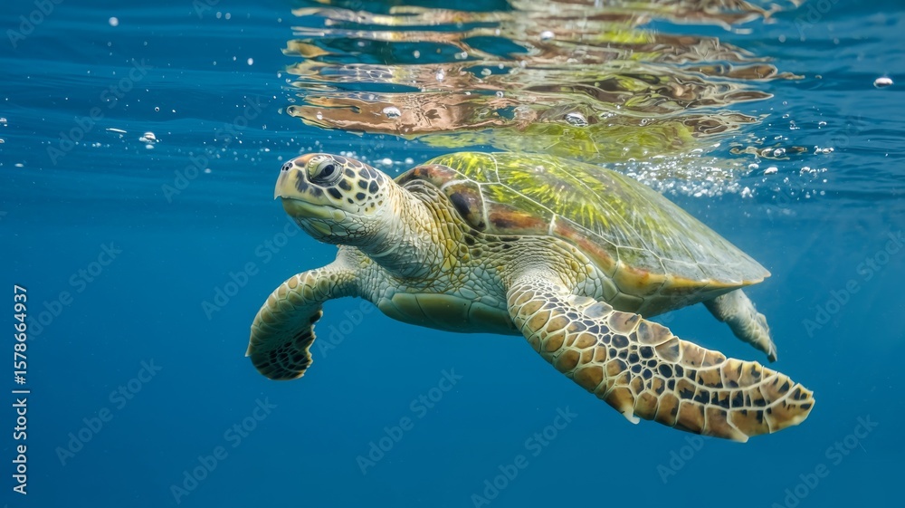 Obraz premium Green sea turtle gracefully swims underwater in clear blue ocean water
