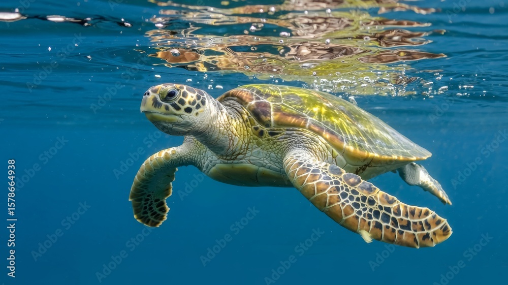 Obraz premium Green sea turtle gracefully swims in clear blue ocean water near the surface