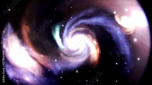 Animated swirling galaxy with bright center and stars in deep space environment