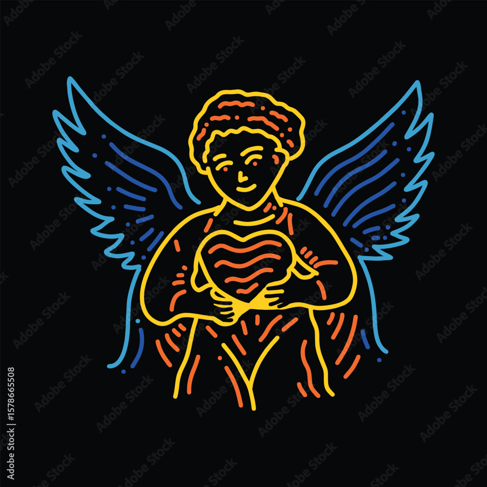 Fototapeta premium Hand drawn baby angel holding a heart and having wings vector illustration