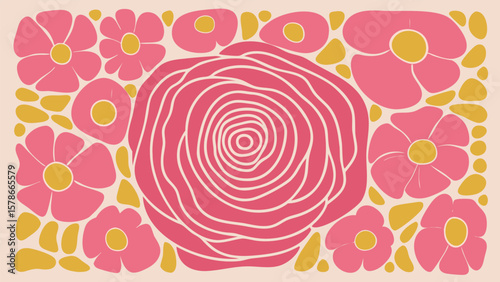Floral pattern with a large stylized rose surrounded by smaller flowers and yellow accents design is vivid