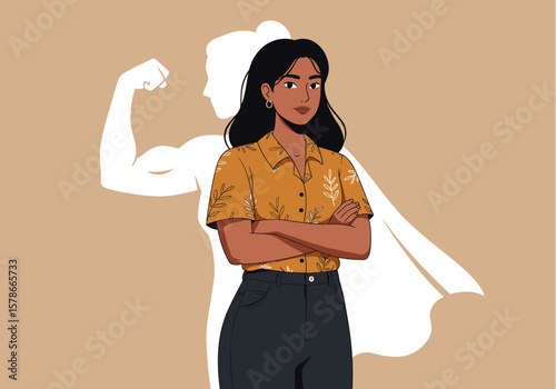 A confident woman stands with her arms crossed, her powerful superhero shadow flexing its bicep behind her.