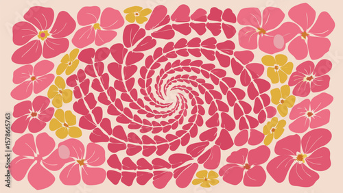 Floral spiral design with pink petals and yellow flowers on a light beige background pattern art